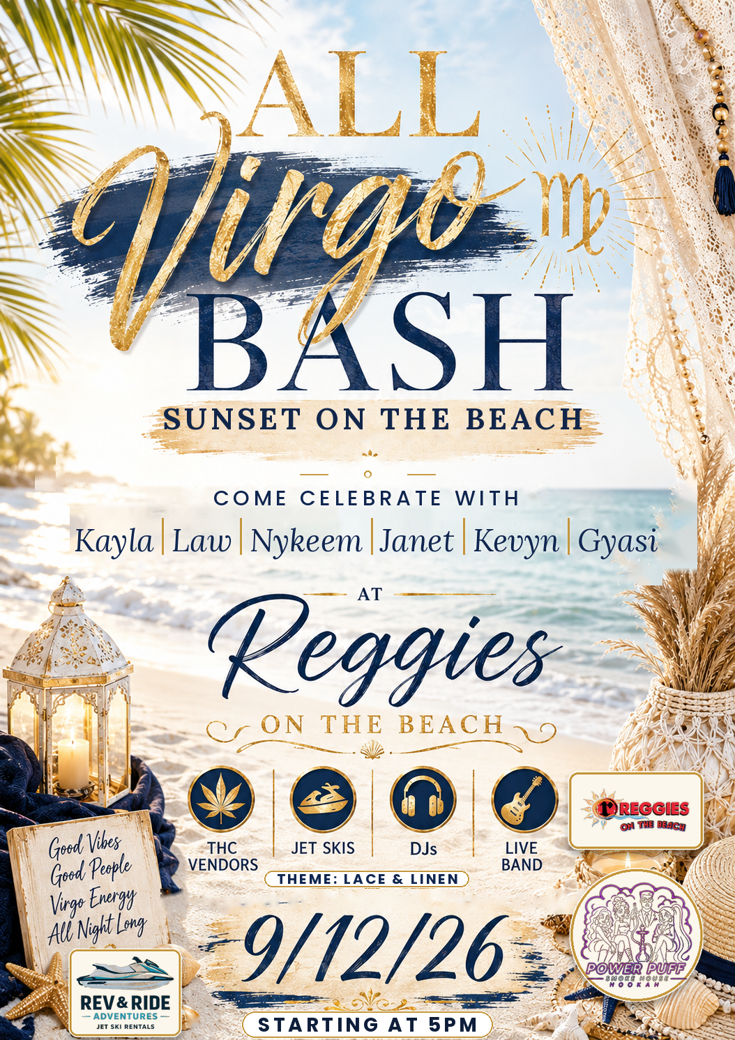 All Virgo Bash — Sunset on the Beach at Reggies on the Beach — September 12, 2026 starting at 5PM